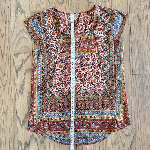 Lucky Brand Women’s Studded Border Scarf Print Boho Cap Sleeve Tee Size Small - Picture 10 of 13